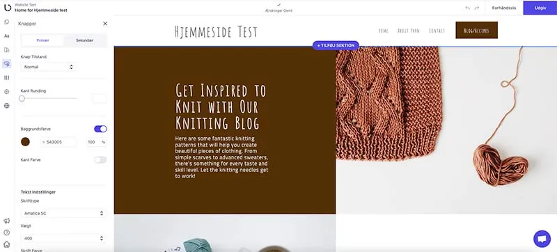 Kontrolpanelet i en gratis hjemmeside hos Bricksite.