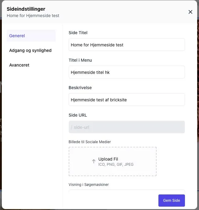 Sideindstillinger hos Bricksite