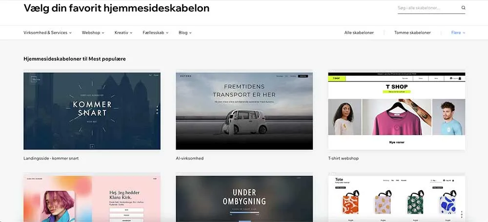 Lille uddrag ad hjemmeside skabeloner hos Wix