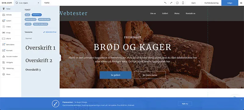 Oversigt over drag & drop elementer i One.com's hjemmeside program