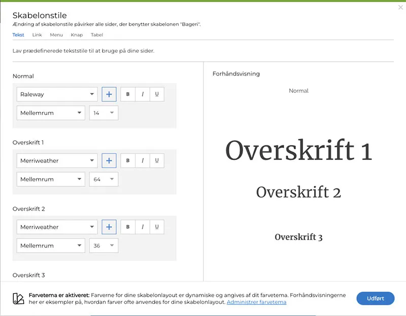 Oversigt over font indstillinger i One.com's hjemmeside program