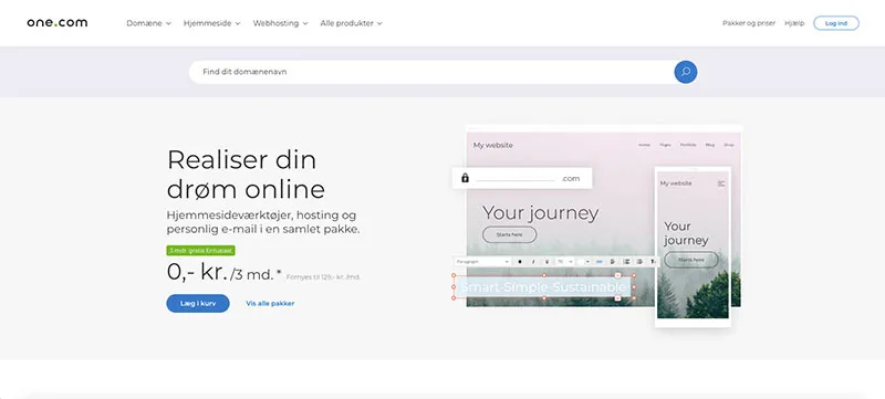 Forsiden på One.com's hjemmeside program.