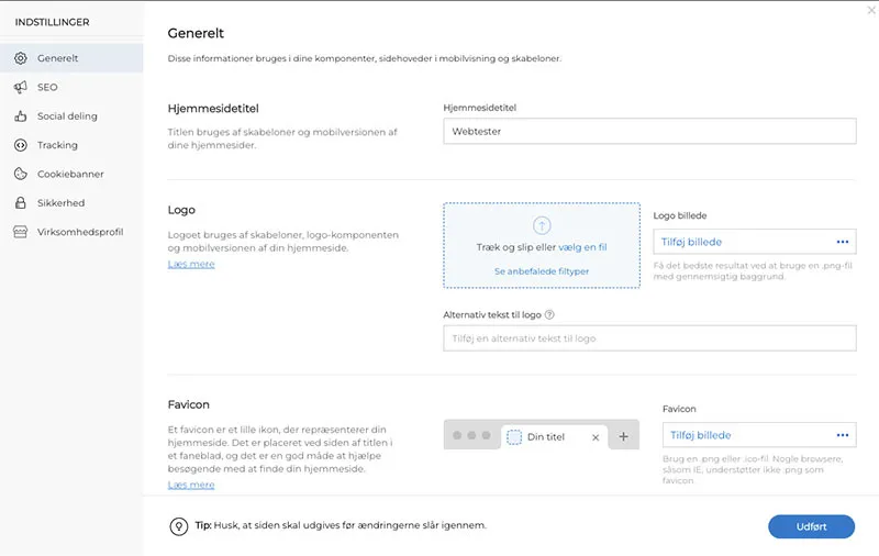 Generelle indstillinger i One.com's hjemmeside program