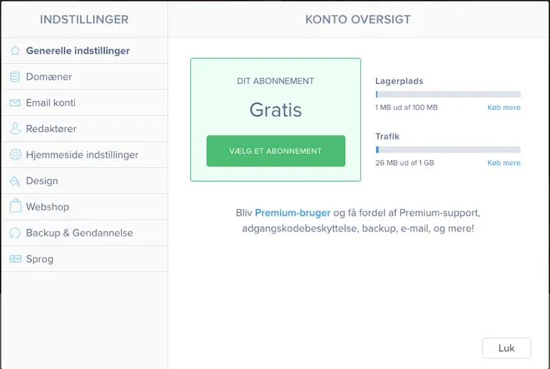 Billede af kontrolpanelet hos Webnode
