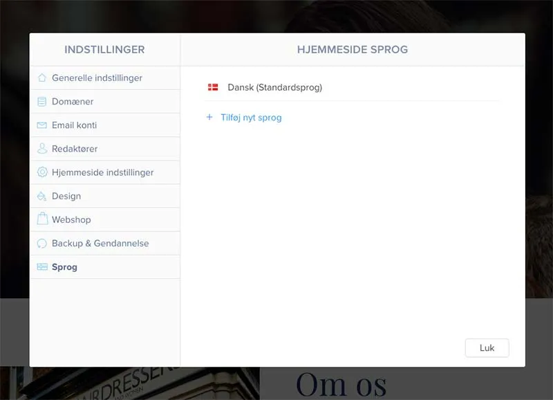 Billede af indstillinger hos Webnode
