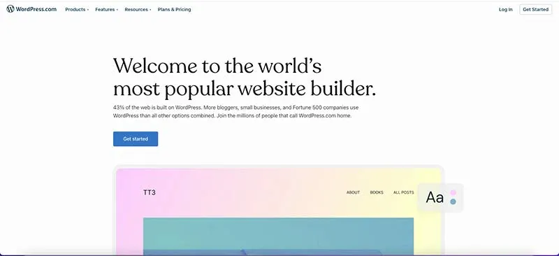 Forsiden hos hjemmesidebyggeren Wordpress.com