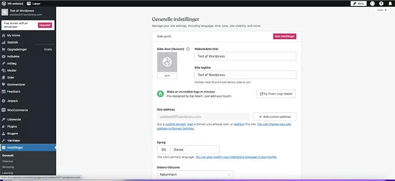 Billede af genereller indstillinger i kontrolpanelet hos Wordpress.com