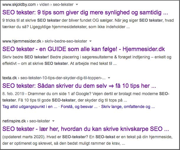 Googles søgeresultater når man søger på SEO tekster