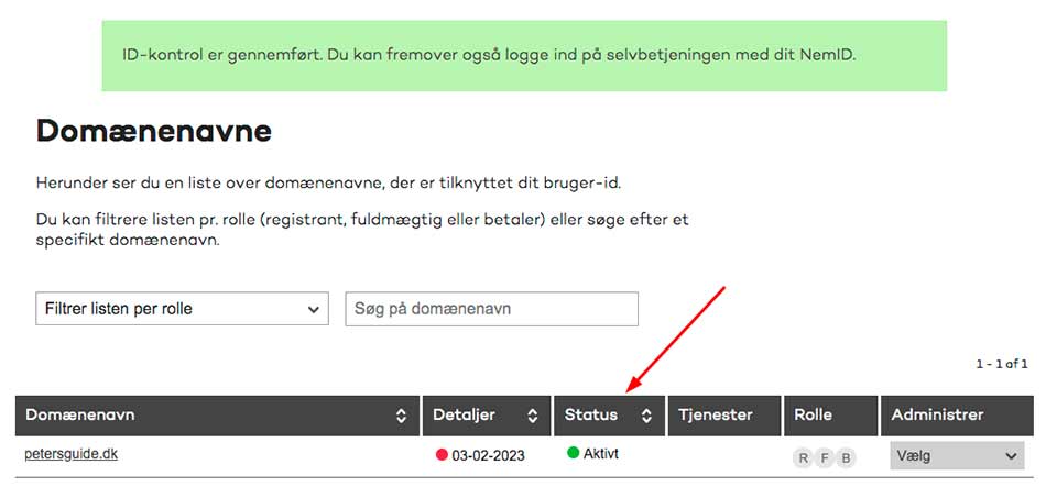 Oversigt over købte domæner hos DK Hostmaster