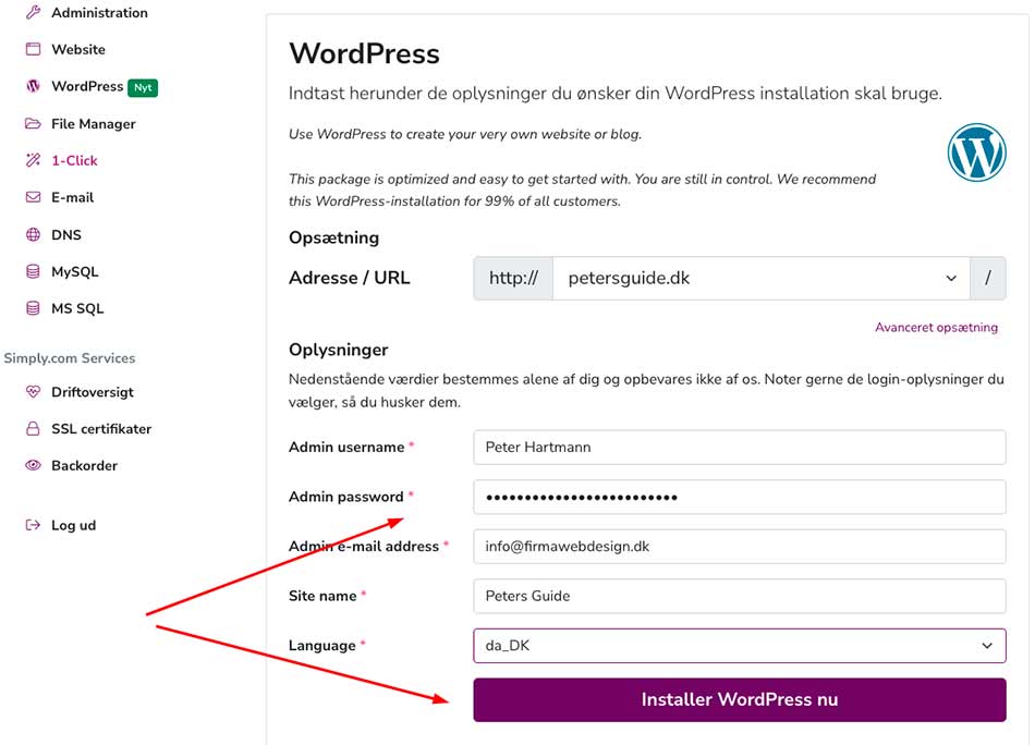 Formular til oplysninger om Wordpress installation