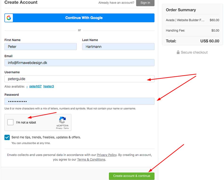 Formular til oprettelse af en Envato konto
