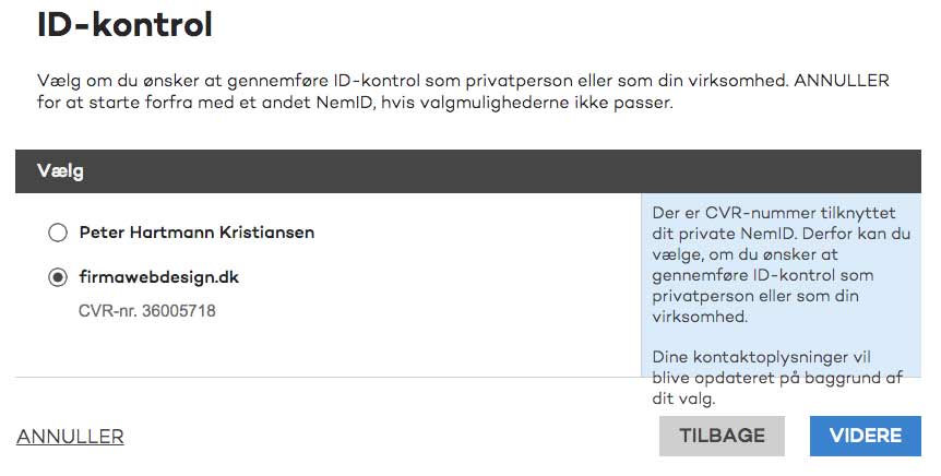 Vælg om du registrerer domænet som privatperson eller firma