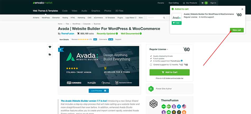 Billede af Envato pop up som viser du har tilføjet Avada til indkøbskurven