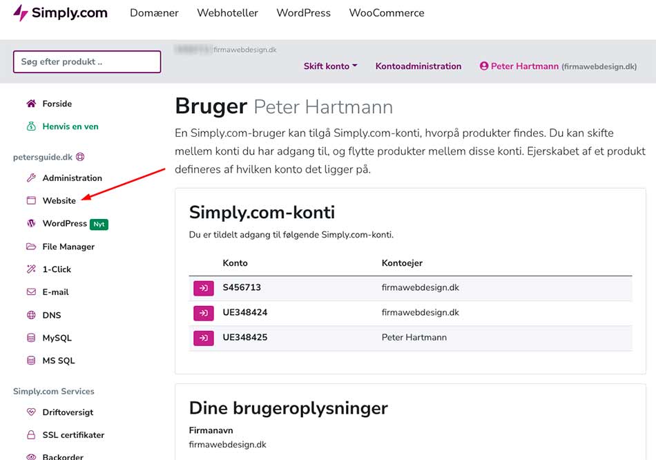 Oversigt over kontrolpanel hos Simply.com