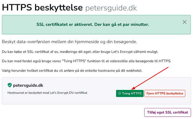 SSL certifikatet er aktiveret