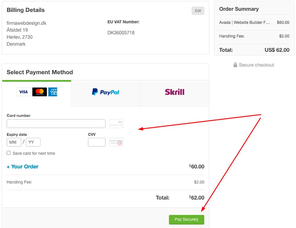 Formular til at skrive kreditkort informationer til Envato