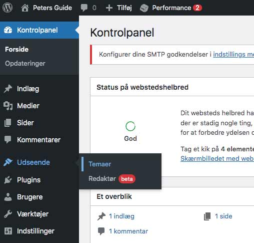 Vælg temaer i Wordpress kontrolpanelet