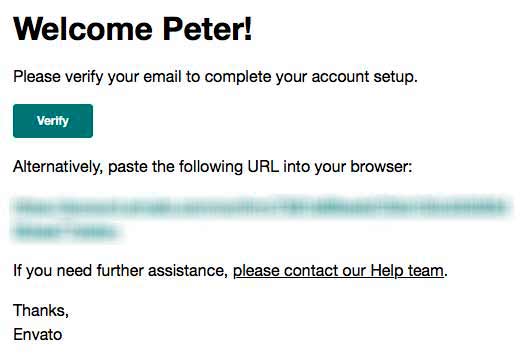 Email fra Envato som beder dig om at verificere din konto