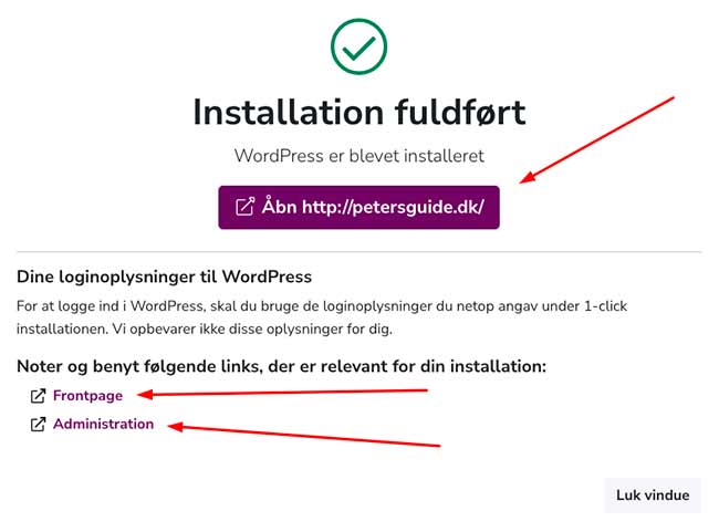 Billede af knap til at åbne din Wordpress installation