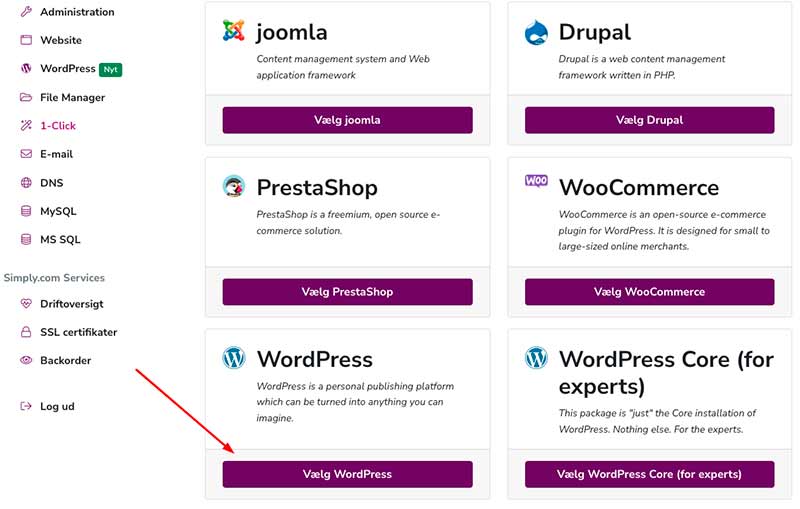 Vælg Wordpress knap